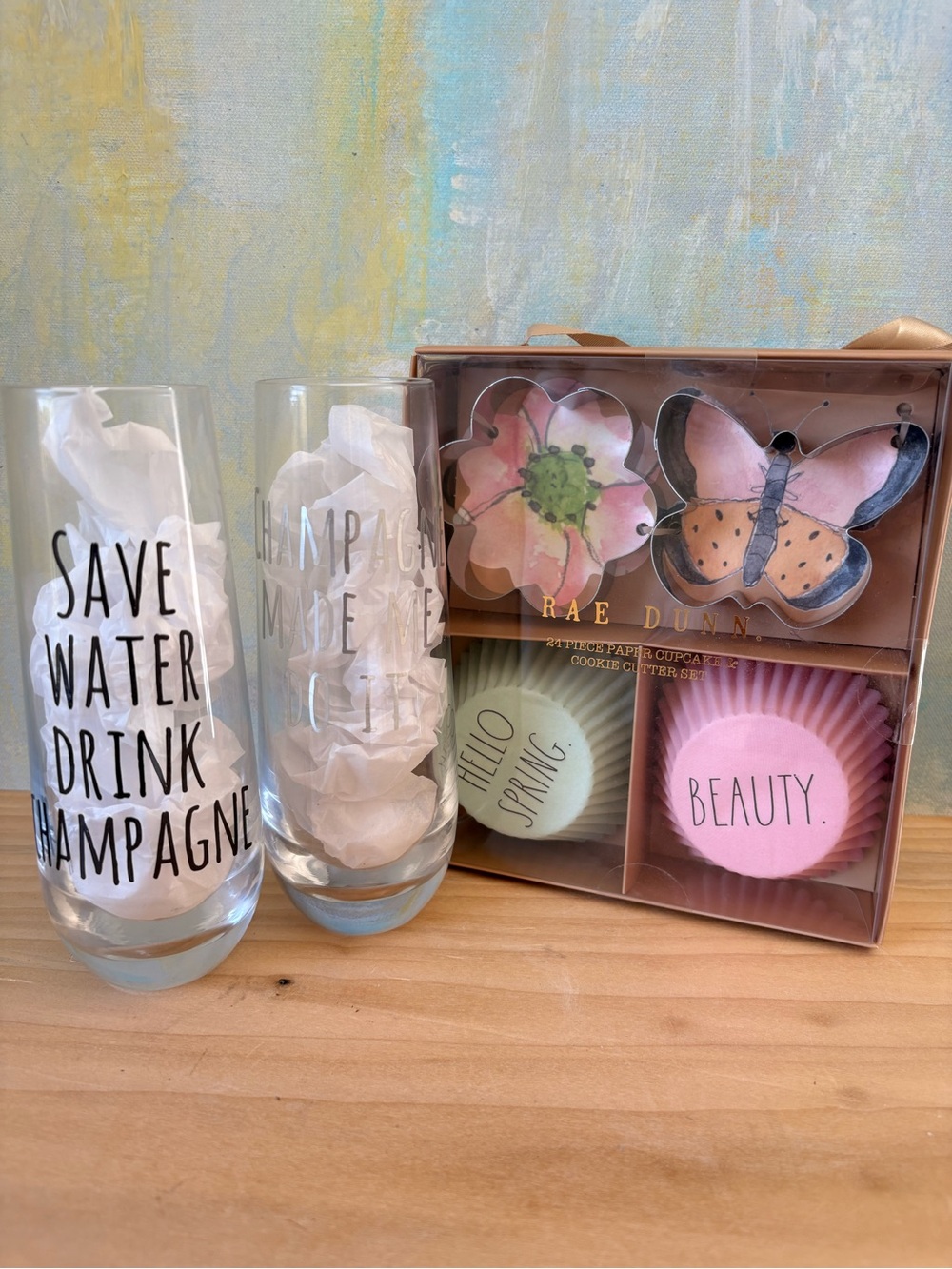 Rae Dunn Champagne Flutes and Pink & Green Floral Cupcake Set